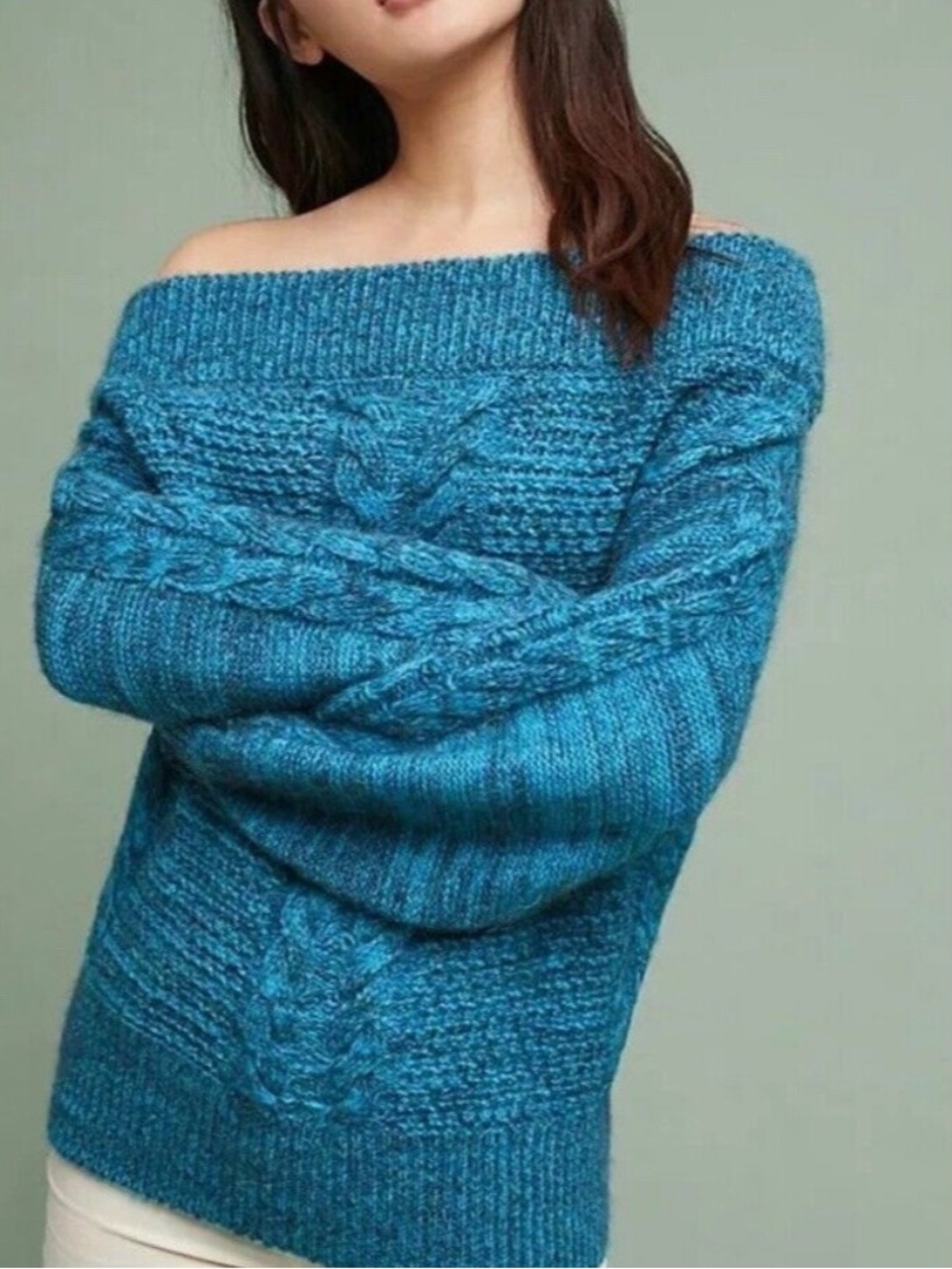 Anthropologie Sleeping On Snow Teal/Black Cable Knit Pullover Sweater Size XS